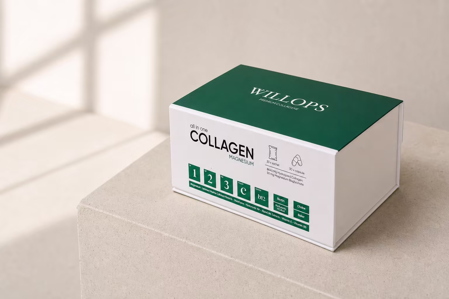 Doğal stüdyo ışığında Willops Premium Collagene kutusu