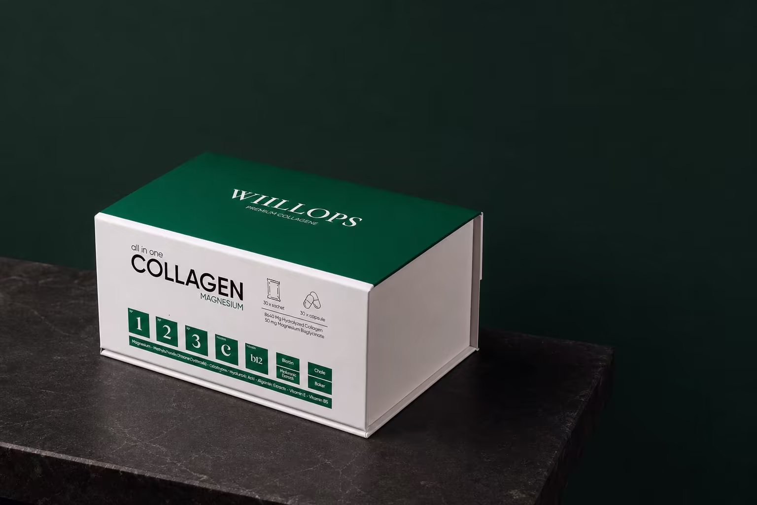Koyu stüdyoda Willops Premium Collagene